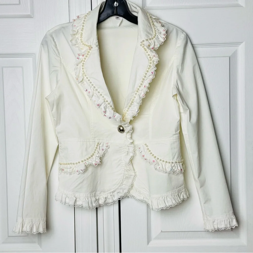 Kelly USA Vintage Ivory Pearl Trim Ruffle Blazer Cottagecore Jacket Size Medium - Picture 2 of 13